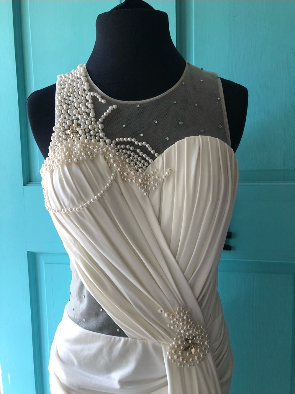 Elegant Ivory Pearl and Beaded Illusion Neckline wedding Dress or  Evening Gown